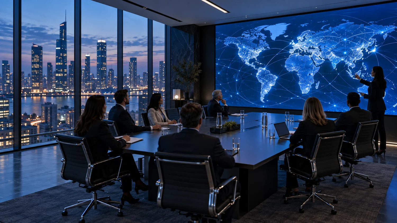 Illustrative boardroom with a connected world map on an LED display